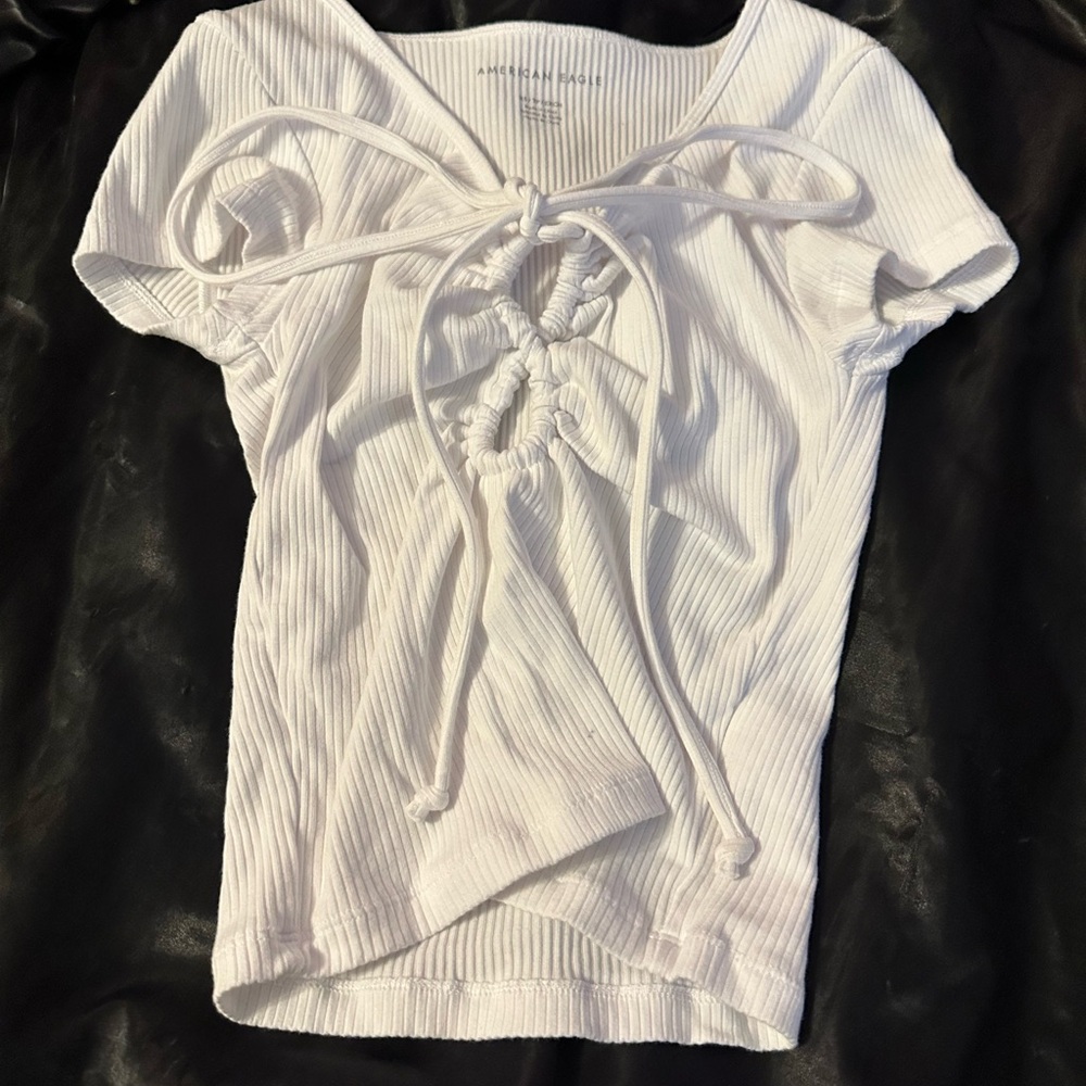 White Ribbed Tie-Front Top